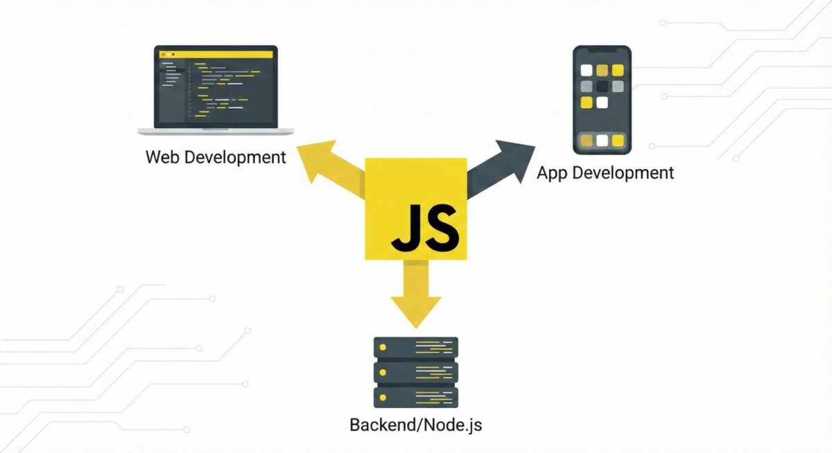 JavaScript ecosystem showing web mobile and backend Node.js career paths