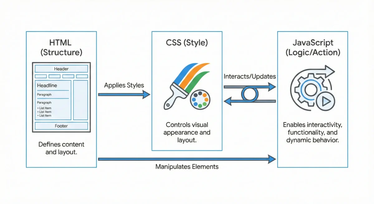 JavaScript Kya Hai – HTML CSS JavaScript relationship diagram in Hindi
