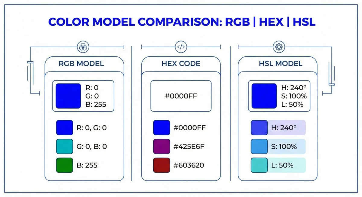 CSS Color Models comparison in Hindi showing RGB HEX and HSL formats