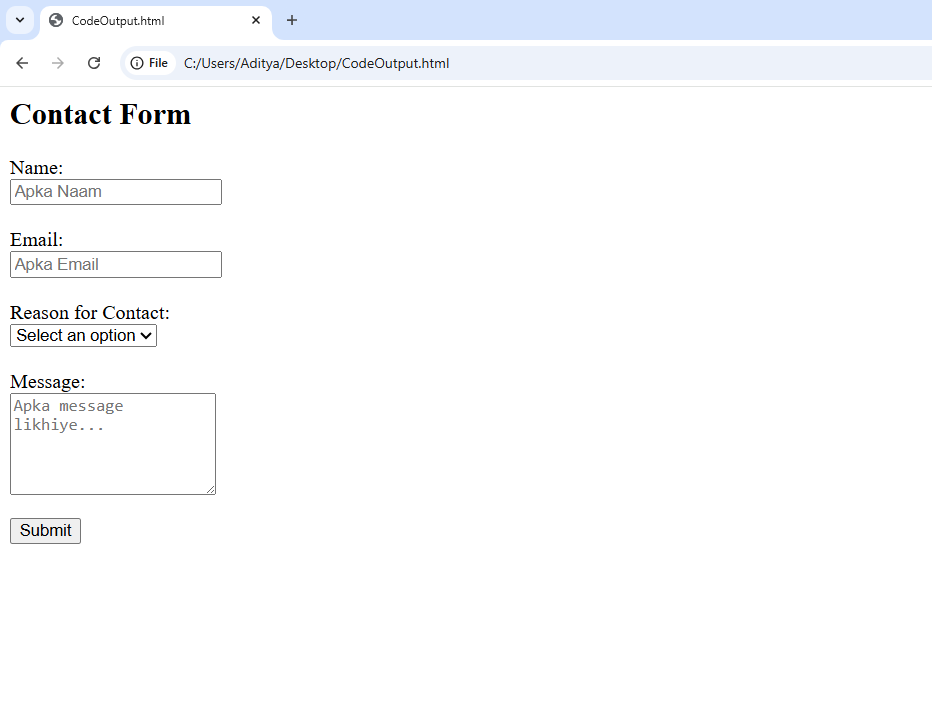 HTML Contact Form ka Example Output - Name, Email, Dropdown, Message Fields ke Saath