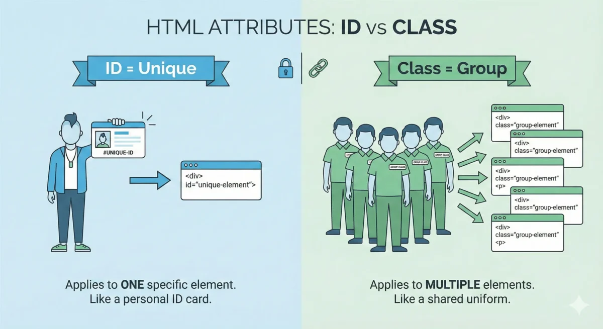 HTML ID (Unique) aur Class (Group) attributes ke beech antar