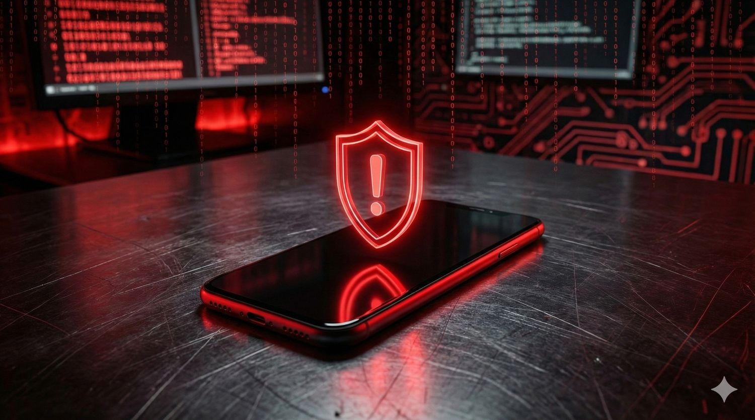 Android smartphone with glowing red security warning shield and cyber code background regarding govt alert