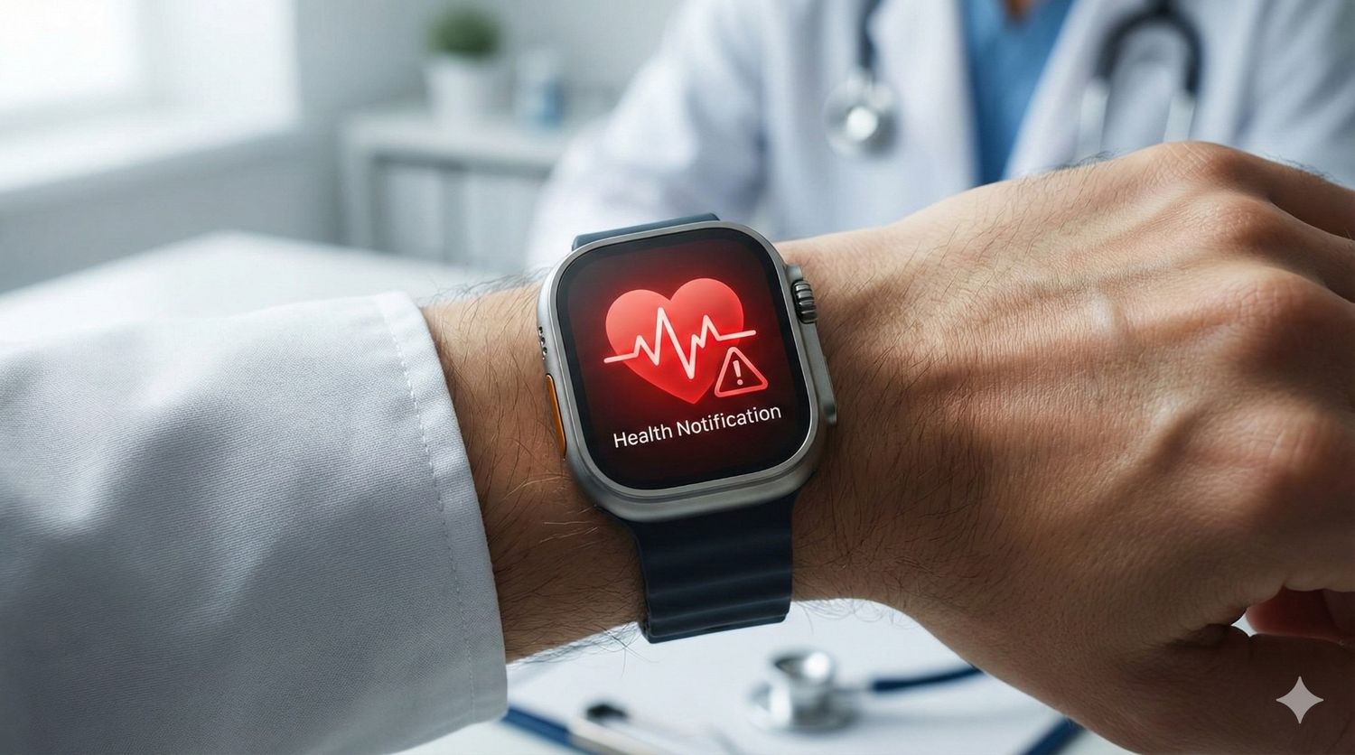 Apple Watch displaying red Hypertension health alert notification on wrist with doctor background