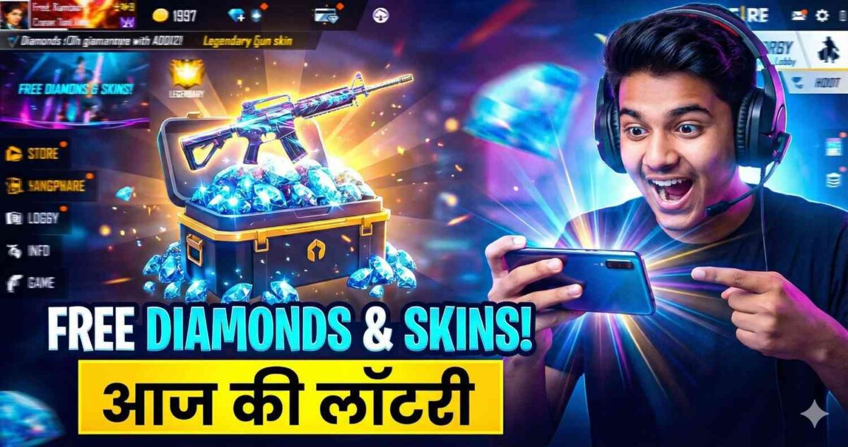 Happy Indian gamer boy winning free diamonds and gun skins in Free Fire MAX with redeem codes today.