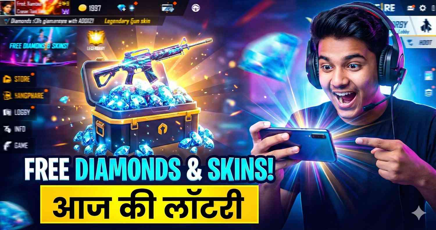Happy Indian gamer boy winning free diamonds and gun skins in Free Fire MAX with redeem codes today.