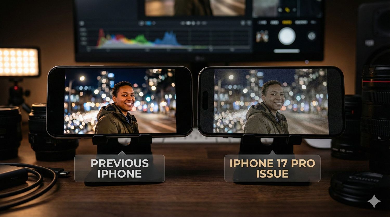 Comparison showing iPhone 17 Pro missing Night Mode Portrait feature vs Older iPhone low light photo