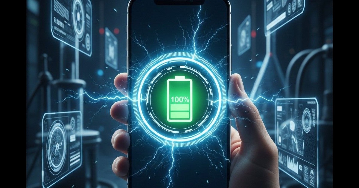 OnePlus 15R concept image showing a 100% charged battery with blue electric power effects, highlighting its 8300mAh battery feature.