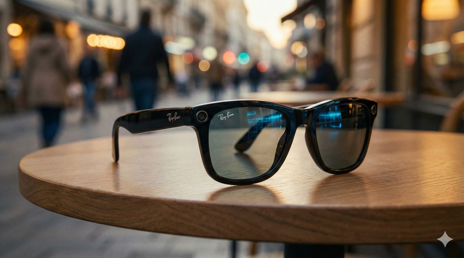 Ray-Ban Meta Smart Glasses on table with AI camera lens and Hindi voice support
