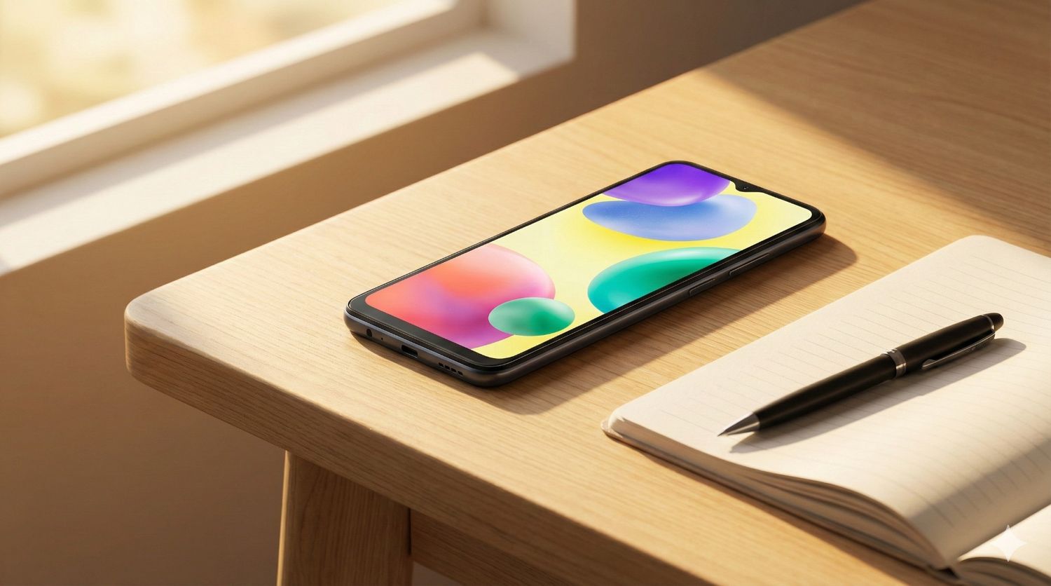 Redmi 15C 5G smartphone with notebook on table for students