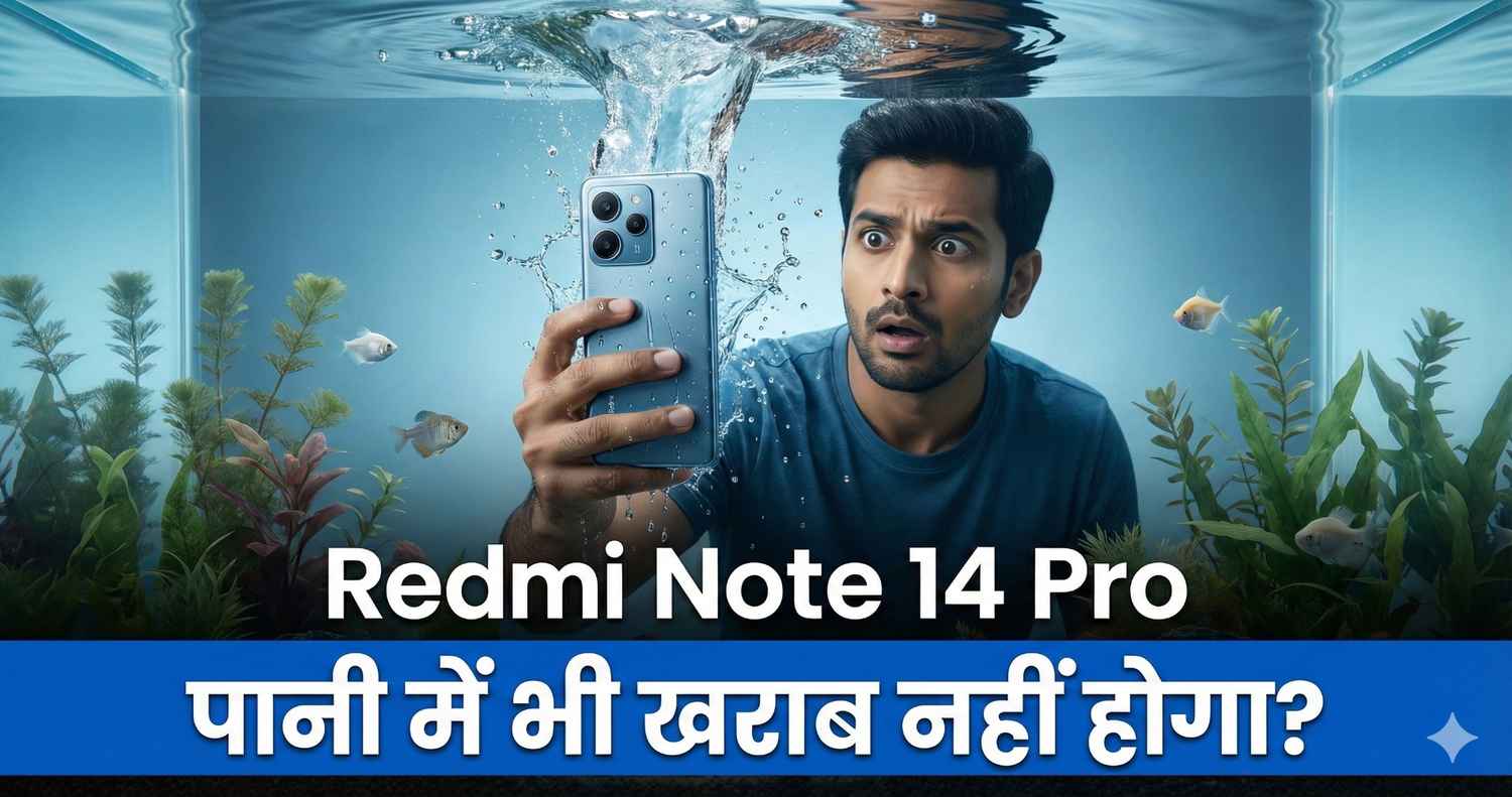 Shocked man testing Redmi Note 14 Pro waterproof feature inside aquarium.