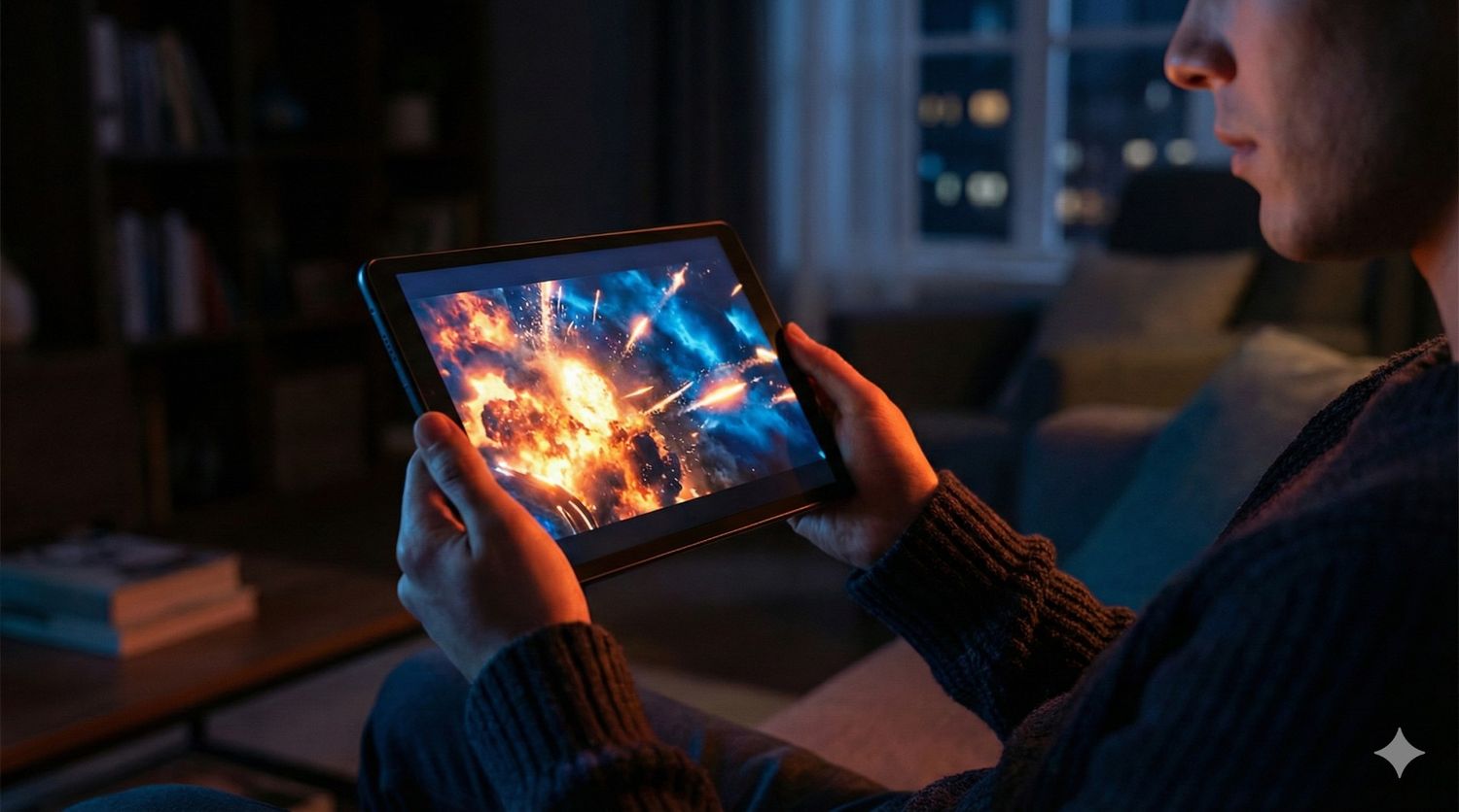 Samsung Galaxy Tab A11 8.7 inch tablet playing action movie in dark room, best budget tablet for students in India