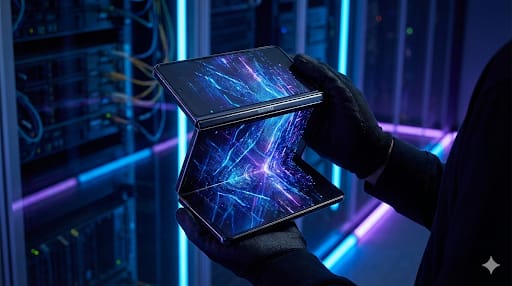 Samsung Galaxy Z TriFold smartphone opening in Z shape with 3 screens