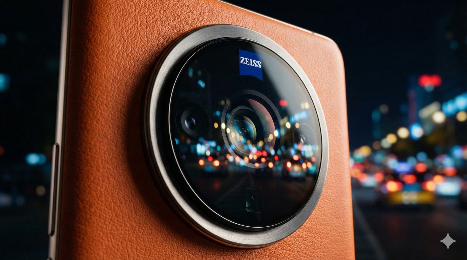 Vivo X300 Pro 200MP Zeiss Camera lens close up with sunset orange leather back